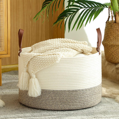 KAKAMAY Large Blanket Basket (20"x13"),Woven Baskets for storage Baby Laundry Hamper, Cotton Rope Blanket Basket for Living Room, Laundry, Nursery, Pillows, Baby Toy chest (White/Brown)