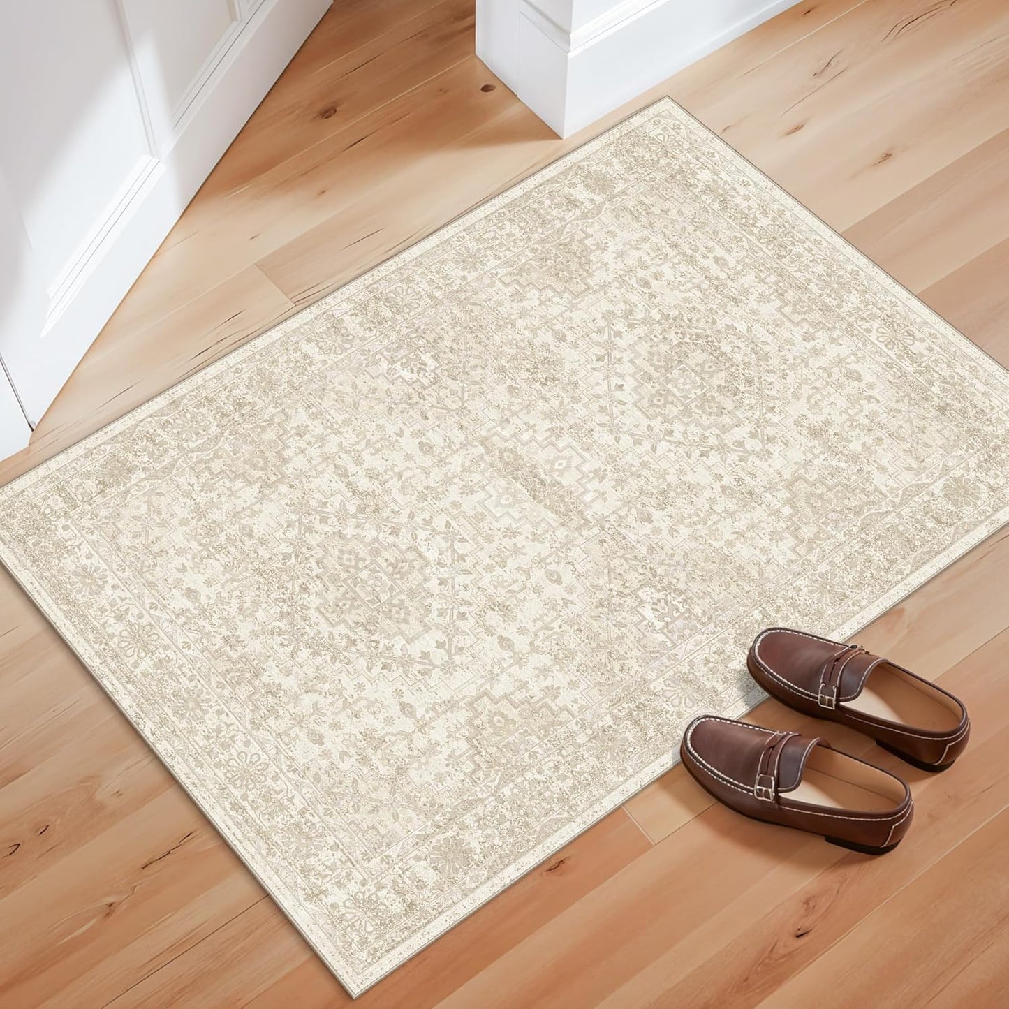 2x3 Washable Non-Slip Area Rug - Soft Low Pile Throw Rug for Kitchen Entryway Bedroom - Modern Indoor Door Mat with Rubber Backing (Beige Grey) - Colors A