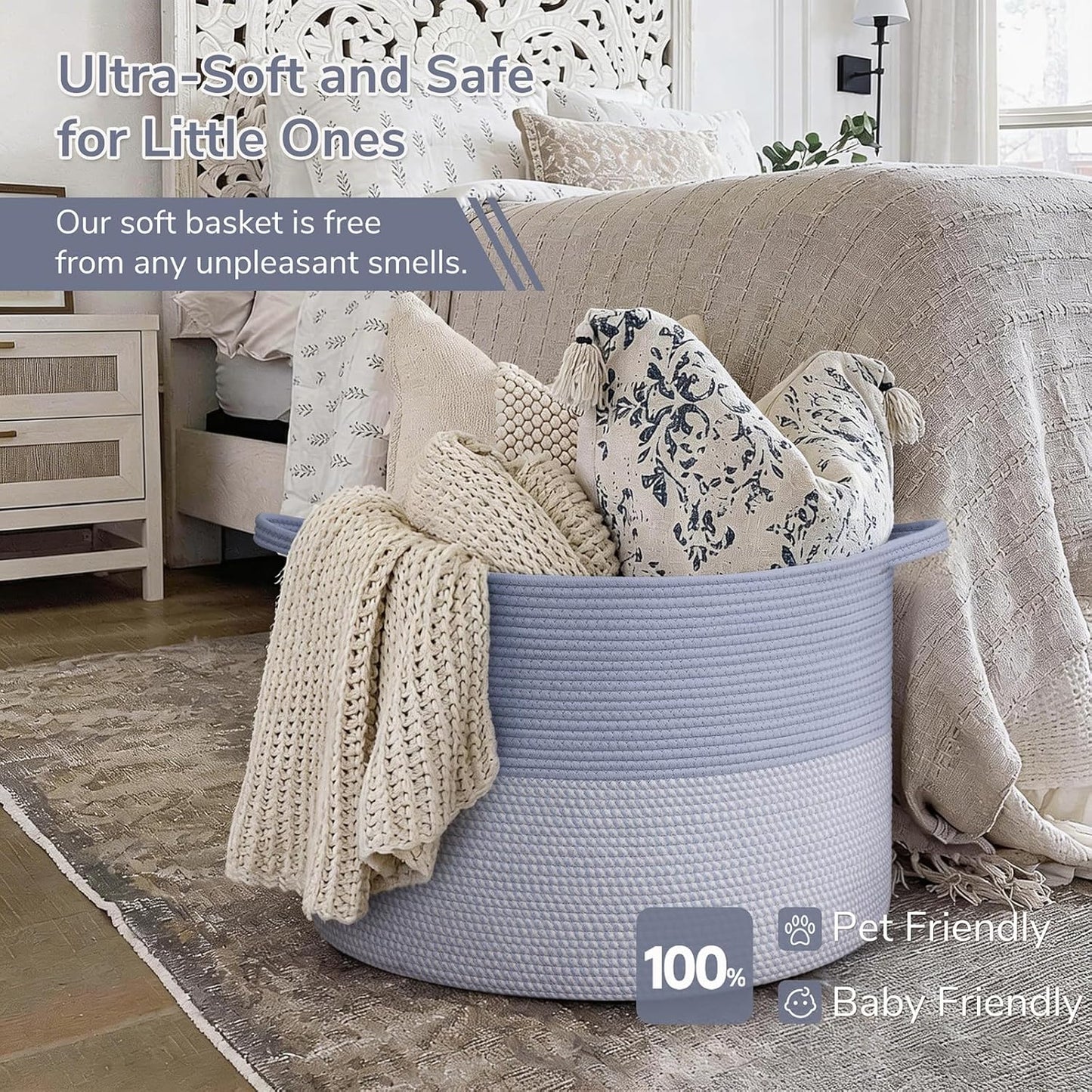 INDRESSME XXXLarge Blanket Basket for Living Room 21.7" x 21.7" x 13.8"-Storage Basket with Handle for Organizing Toy Pillows Woven Cotton Rope Laundry Basket Stuffed Animal Toy Storage for Play Room