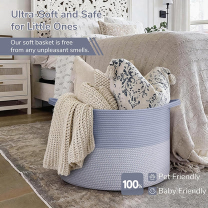 INDRESSME XXXLarge Blanket Basket for Living Room 21.7" x 21.7" x 13.8"-Storage Basket with Handle for Organizing Toy Pillows Woven Cotton Rope Laundry Basket Stuffed Animal Toy Storage for Play Room