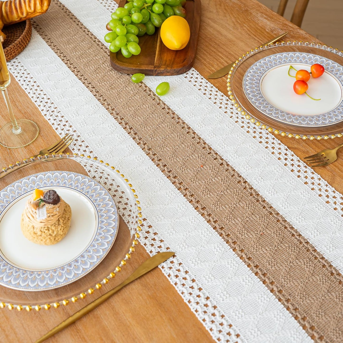 FEXIA Boho Table Runner for Thanksgiving Fall Christmas Home Decor with Tassels 72 Inches Long Pottery barn Furniture Farmhouse Rustic Macrame Burlap Table Decoration for Living Room (12x72 Inches)