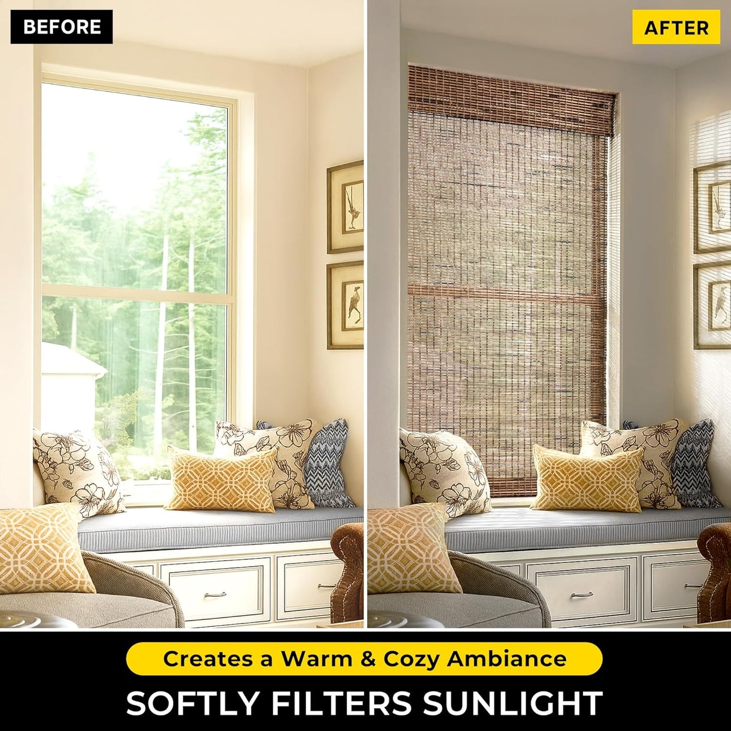 UNISHADES Cordless Bamboo Roman Shades for Windows, Blinds Size (26.5" W ×48" H) Colour (Highfield Teak)