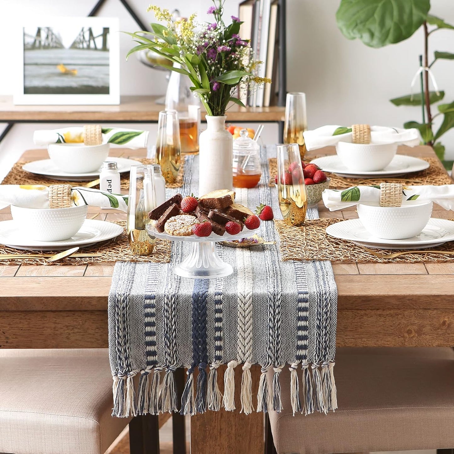 DII Farmhouse Braided Stripe Table Runner Collection, 15x72 (15x77, Fringe Included), Black