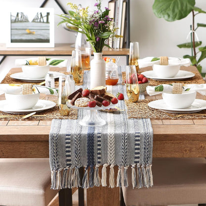 DII Farmhouse Braided Stripe Table Runner Collection, 15x72 (15x77, Fringe Included), Black