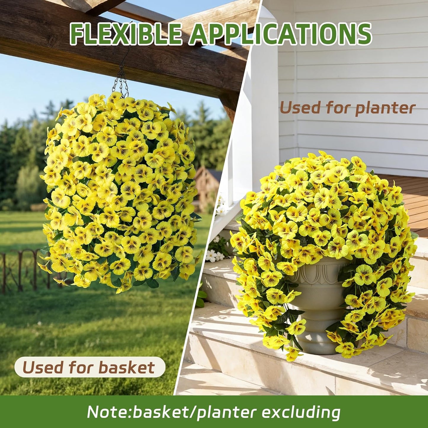 HyeFlora Artificial Flowers for Outdoors, 2pcs Faux Silk Pansies Flowers UV Resistant Fake Hanging Flower Plants for Outside Planters Porch Yard Patio Window Box (Mix Purple)
