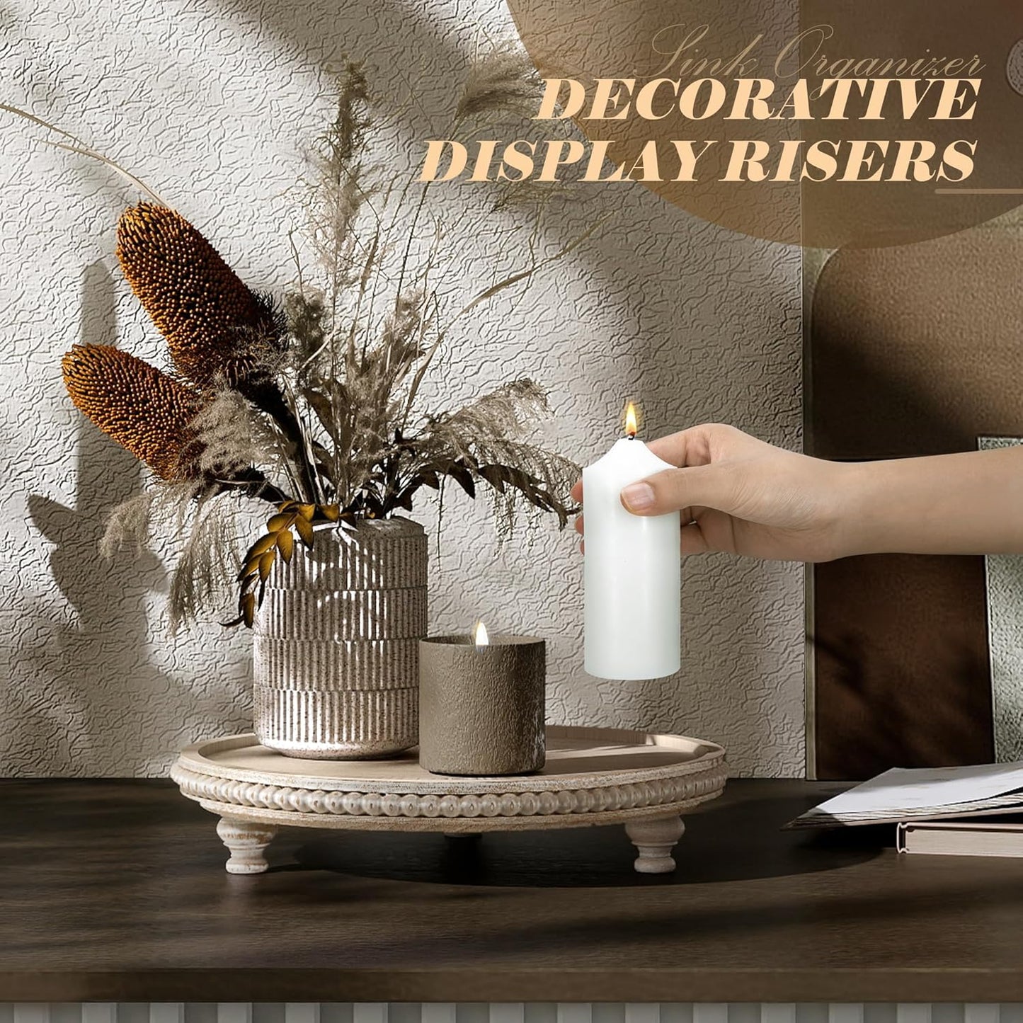 EOSAHR Round Pine Wooden Display Riser - Beaded Wood Riser for Plant, Sponge Holder & Perfume Organizer - Rustic Display Stand Kitchen Counter Organizer, Boho Chic Home Decor for Living Room(Brown)
