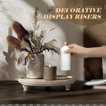 EOSAHR Round Pine Wooden Display Riser - Beaded Wood Riser for Plant, Sponge Holder & Perfume Organizer - Rustic Display Stand Kitchen Counter Organizer, Boho Chic Home Decor for Living Room(Brown)
