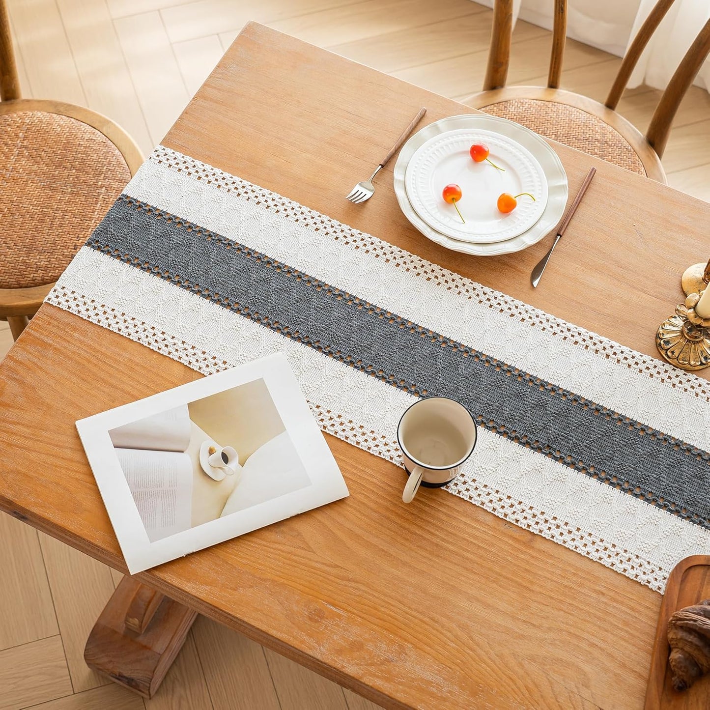 FEXIA Boho Table Runner for Thanksgiving Fall Christmas Home Decor with Tassels 72 Inches Long Pottery barn Furniture Farmhouse Rustic Macrame Burlap Table Decoration for Living Room (12x72 Inches)