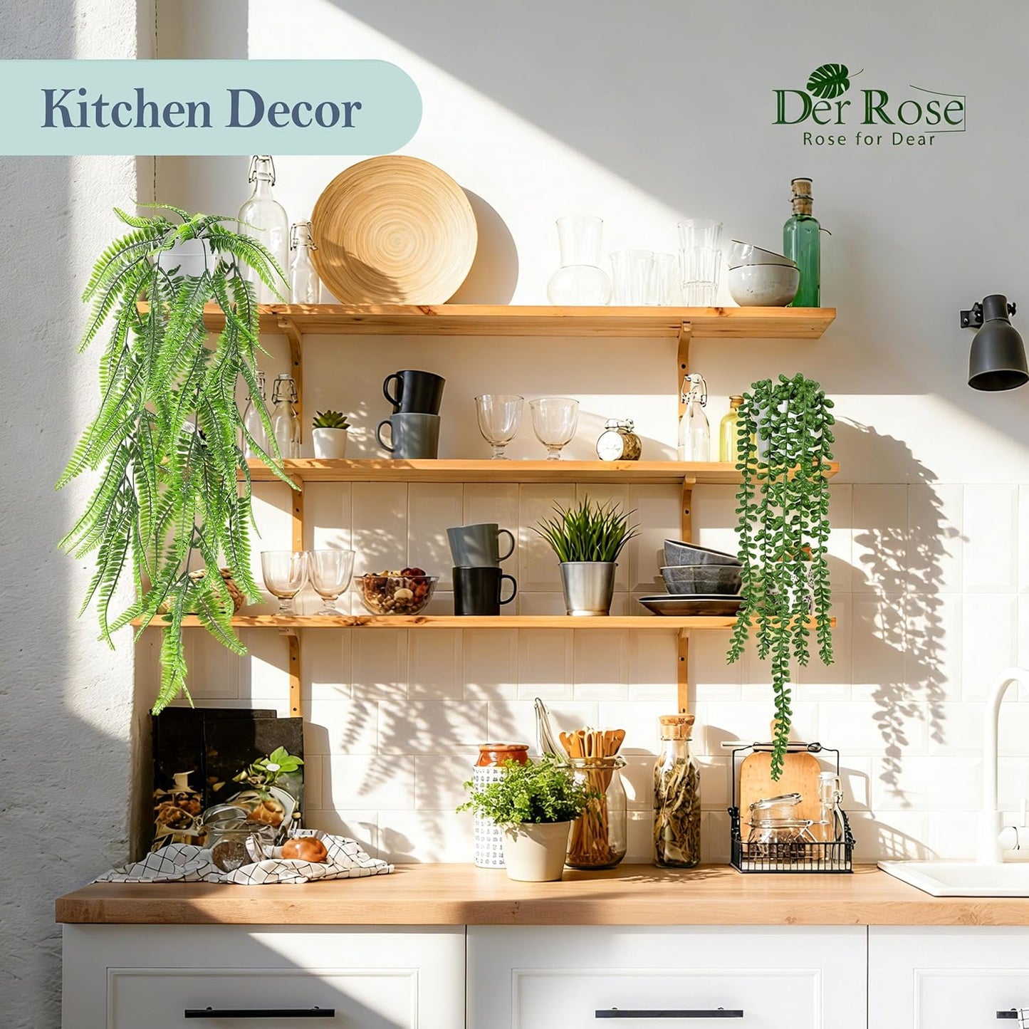 Der Rose 4Pcs Fake Plants Hanging Artificial Ivy Vine Faux Eucalyptus Hanging Plants, Boston Fern, String of Pearls for Living Room Aesthetic Bedroom Boho Kitche Wall Shelf Indoor Outdoor Decor