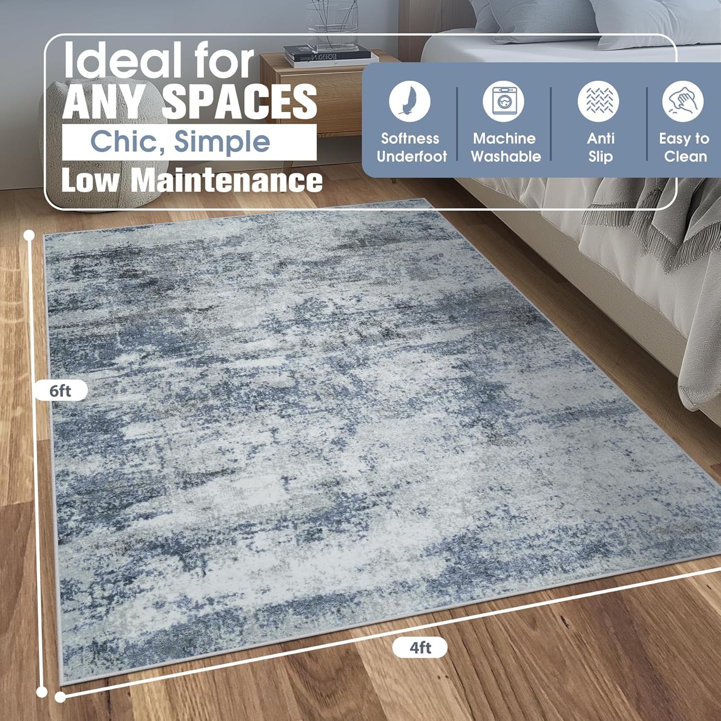 8x10 Area Rugs for Living Room Rug Washable: Abstract Large Rug for Dining Room Bedroom Carpet Non Slip 8 by 10 Indoor Modern Nursery Home Office Blue Grey