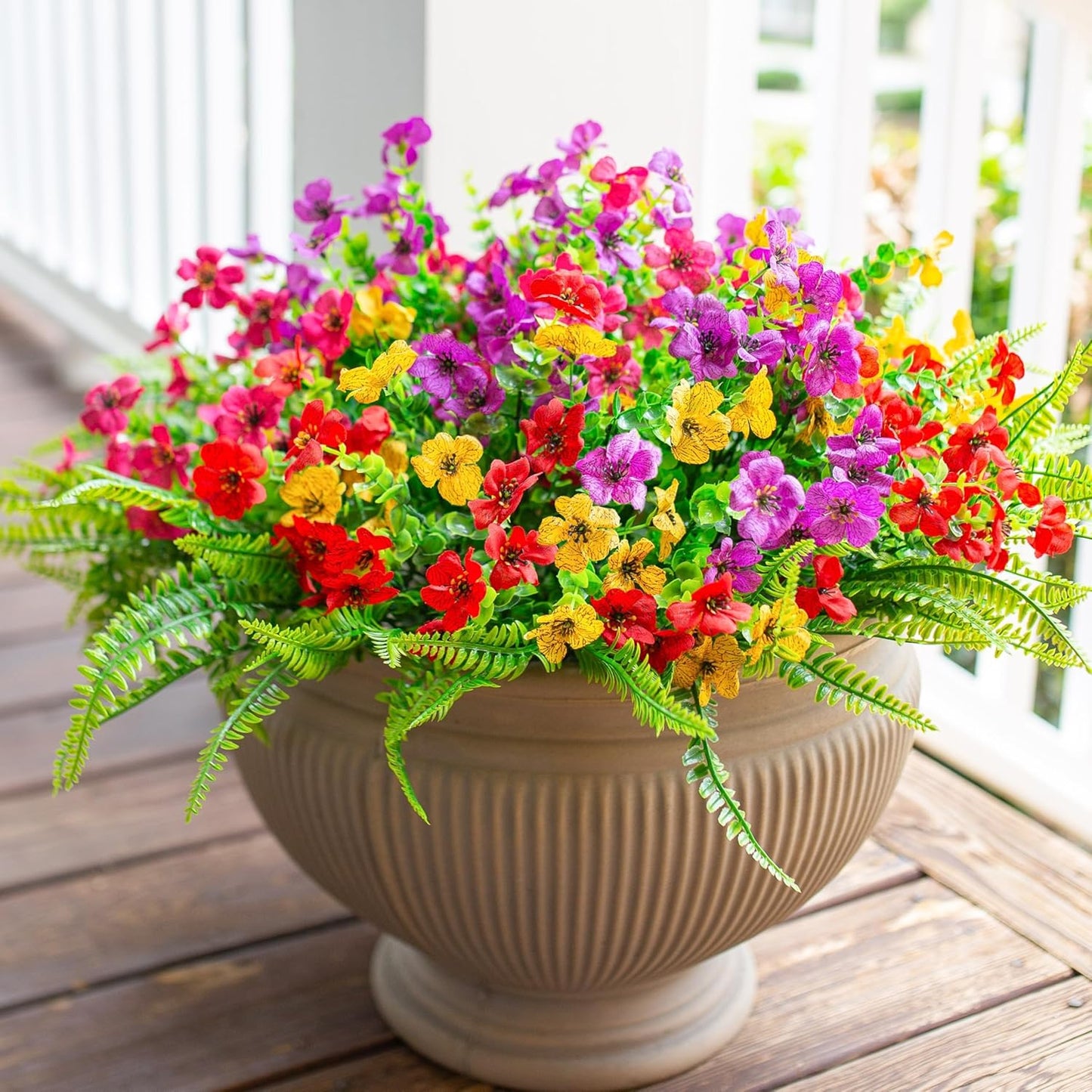 HyeFlora Artificial Flowers for Outdoor Indoor Garden Home Decoration, Faux Flower Daisy with Eucalyptus Leaves Fake Plants Greenery Boxwood Porch Patio, 12 Bundles (Mix Pink Red Purple Yellow)