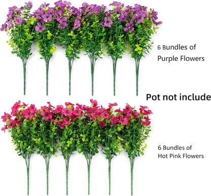 HyeFlora Artificial Flowers for Outdoor Indoor Garden Home Decoration, Faux Flower Daisy with Eucalyptus Leaves Fake Plants Greenery Boxwood Porch Patio, 12 Bundles (Mix Pink Red Purple Yellow)