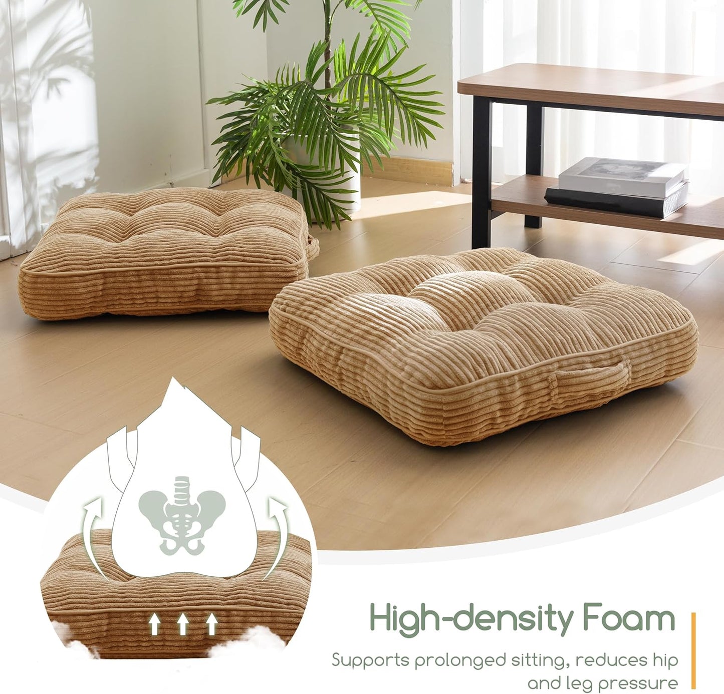 HIGOGOGO 6" Extra Thick Floor Pillow Cushion for Adults, Meditation Cushion Pillow, Large Square Floor Sitting, Tufted Corduroy Cover, for Tatami Living Room or Yoga, 22x22 Inch, 2Pack, Dark Grey