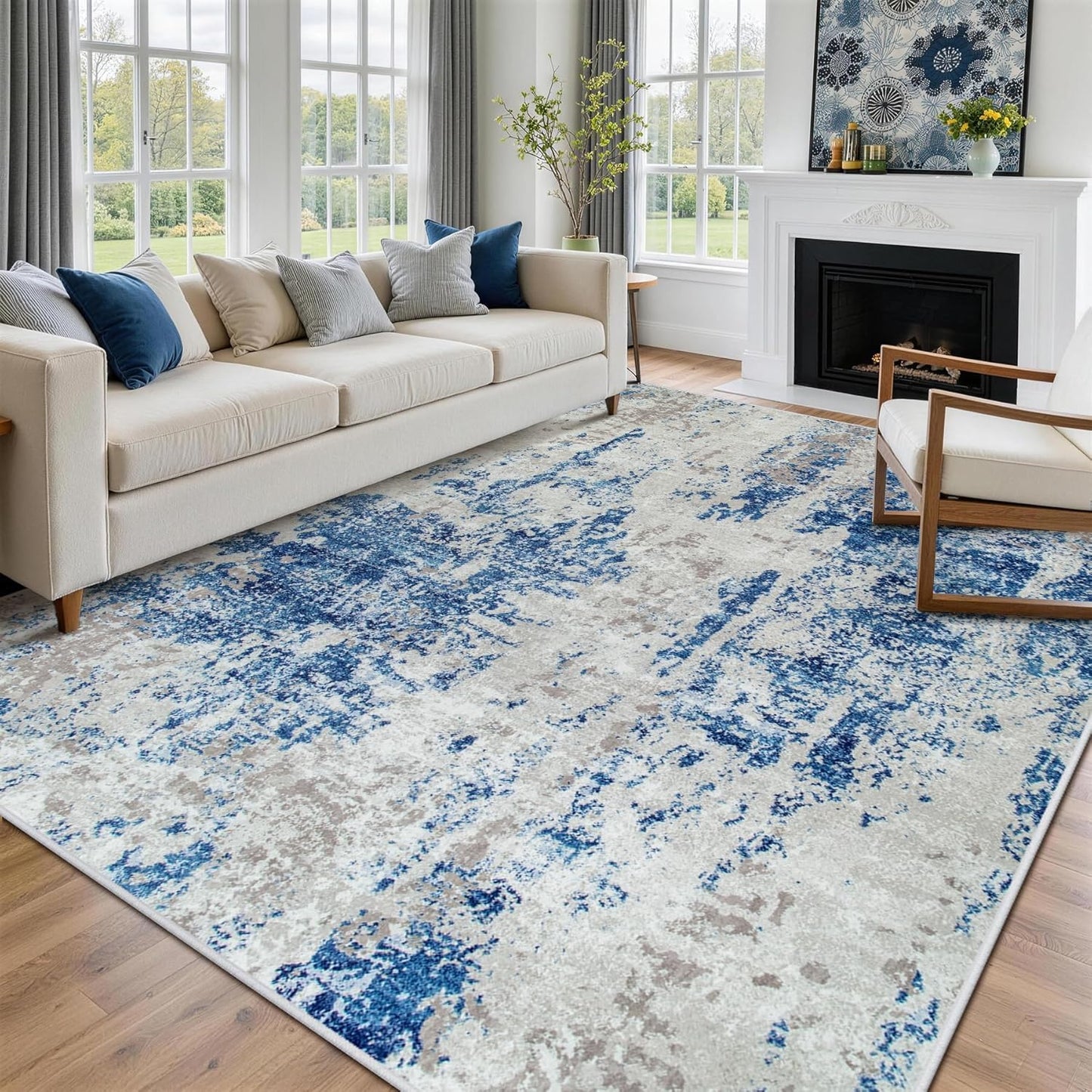 8x10 Area Rugs for Living Room Rug Washable: Abstract Large Rug for Dining Room Bedroom Carpet Non Slip 8 by 10 Indoor Modern Nursery Home Office Blue Grey