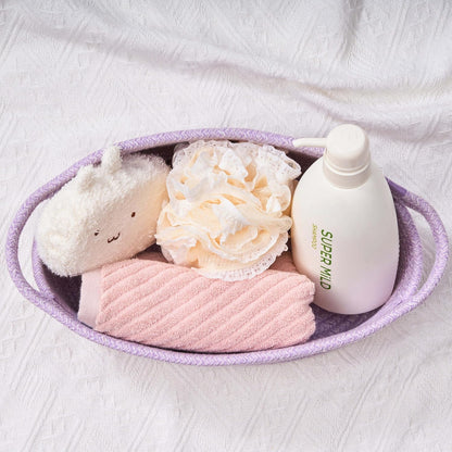 Small Woven Gift Basket Empty with Bag & Ribbon - Gifts for Mom, Baby Shower, Birthdays & Raffle - Cotton Rope Storage Basket for Dog Toys or Shelf - 12"x8"x5", White