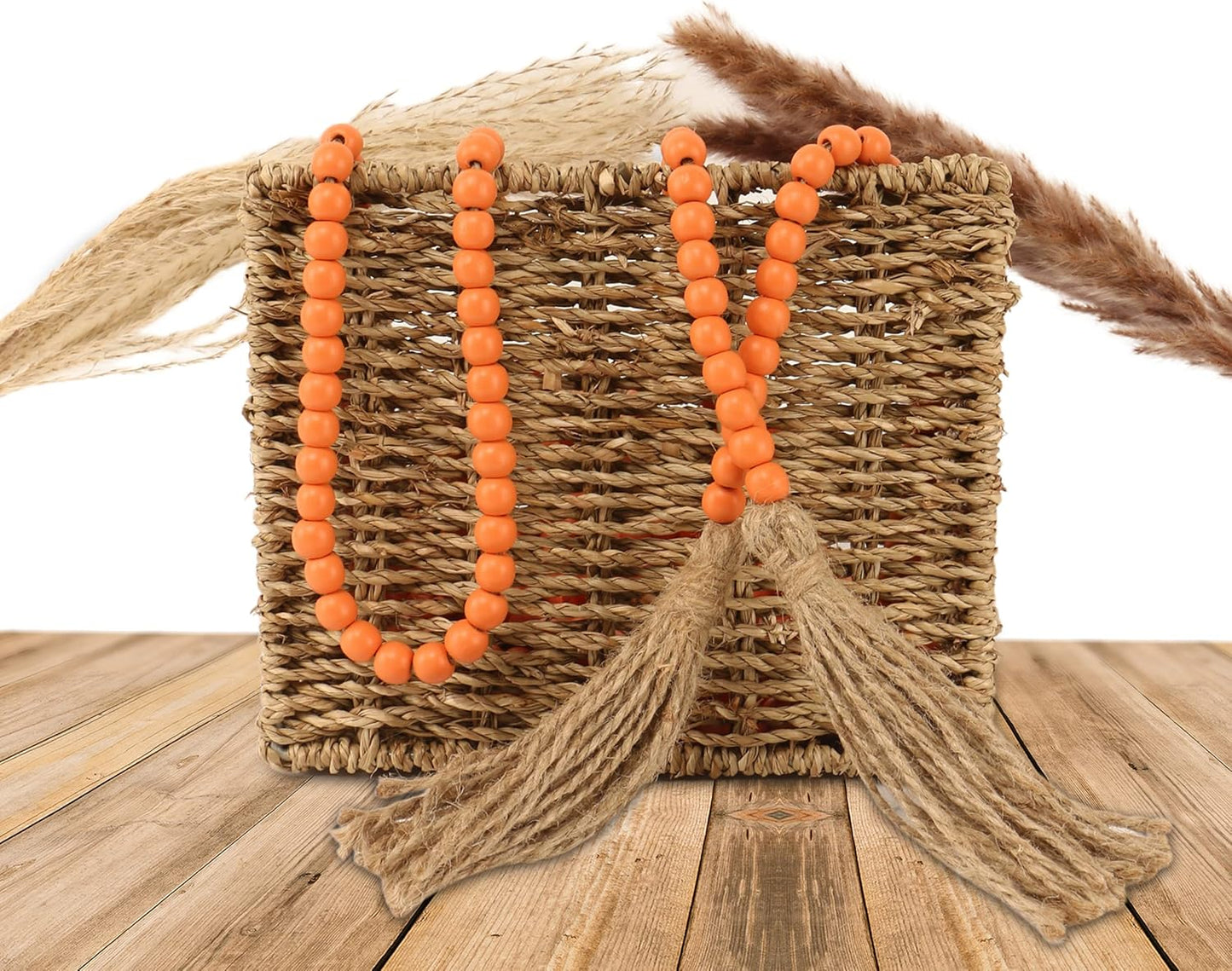 CVHOMEDECO. 16 Feet Wood Beads Garland with Tassels Farmhouse Rustic Wooden Decorative Bead String Wall Hanging Accent for Home Festival Decor. Orange