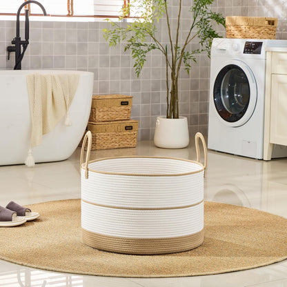 KAKAMAY Large Blanket Basket (20"x13"),Woven Baskets for storage Baby Laundry Hamper, Cotton Rope Blanket Basket for Living Room, Laundry, Nursery, Pillows, Baby Toy chest (White/Brown)