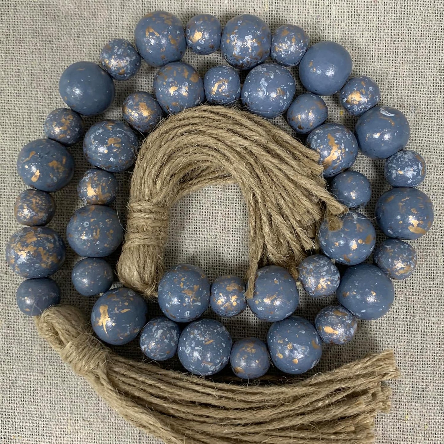 Handcrafted Farmhouse Wooden Decorative Beads Garland, Table Tray Boho Wood Beads with Tassel, Small Rustic Antique Decor for Home and Events (32" Rustic Blue)