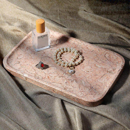 Koville Romano Travertine Tray, 12"x8" Natural Stone Vanity Tray for Countertop Bathroom Kitchen Dresser, Decorative Marble Catchall Trays for Perfume Jewelry, Rectangular Serving Tray(Beige)