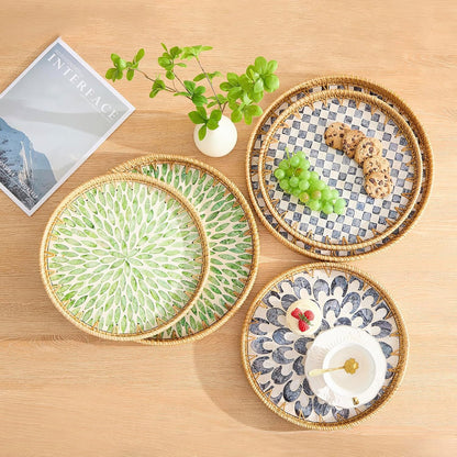 Round Rattan Tray with Mother of Pearl Inlay, Rattan Serving Tray with Wooden Base, Decorative Wicker Basket for Table Decor, Storage and Display of Coffee Bread Food Fruit (Leaf)