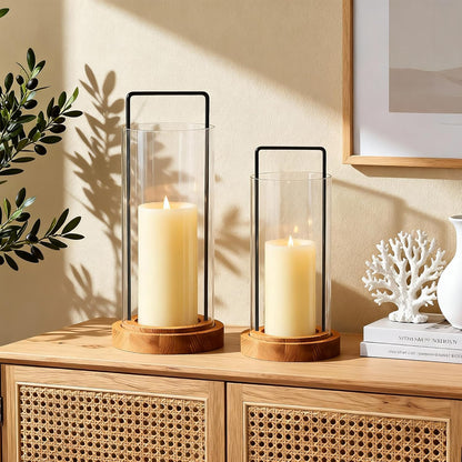 Houmury Set of 2 Hurricane Candle Holders Lantern 12” & 10”with Wood Base Metal Handle Glass Cylinder Modern Farmhouse Decor for Home Decoration, Table Centerpieces (Warm Amber Brown)