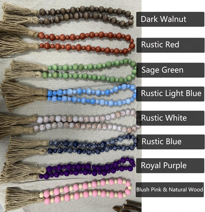 Handcrafted Farmhouse Wooden Decorative Beads Garland, Table Tray Boho Wood Beads with Tassel, Small Rustic Antique Decor for Home and Events (32" Rustic Blue)