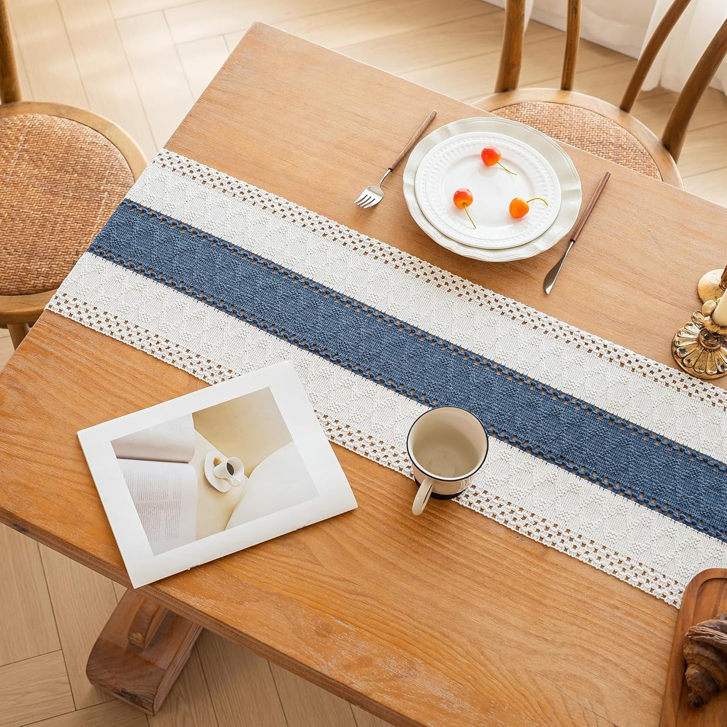 FEXIA Boho Table Runner for Thanksgiving Fall Christmas Home Decor with Tassels 72 Inches Long Pottery barn Furniture Farmhouse Rustic Macrame Burlap Table Decoration for Living Room (12x72 Inches)