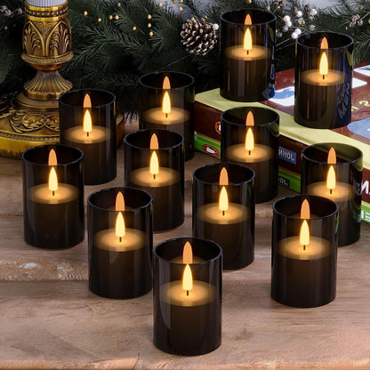 VIODAIM 12Pack Flickering Flameless LED Candles with Timer, Battery Powered - Small Pillar & Votive, Clear (2"X3")