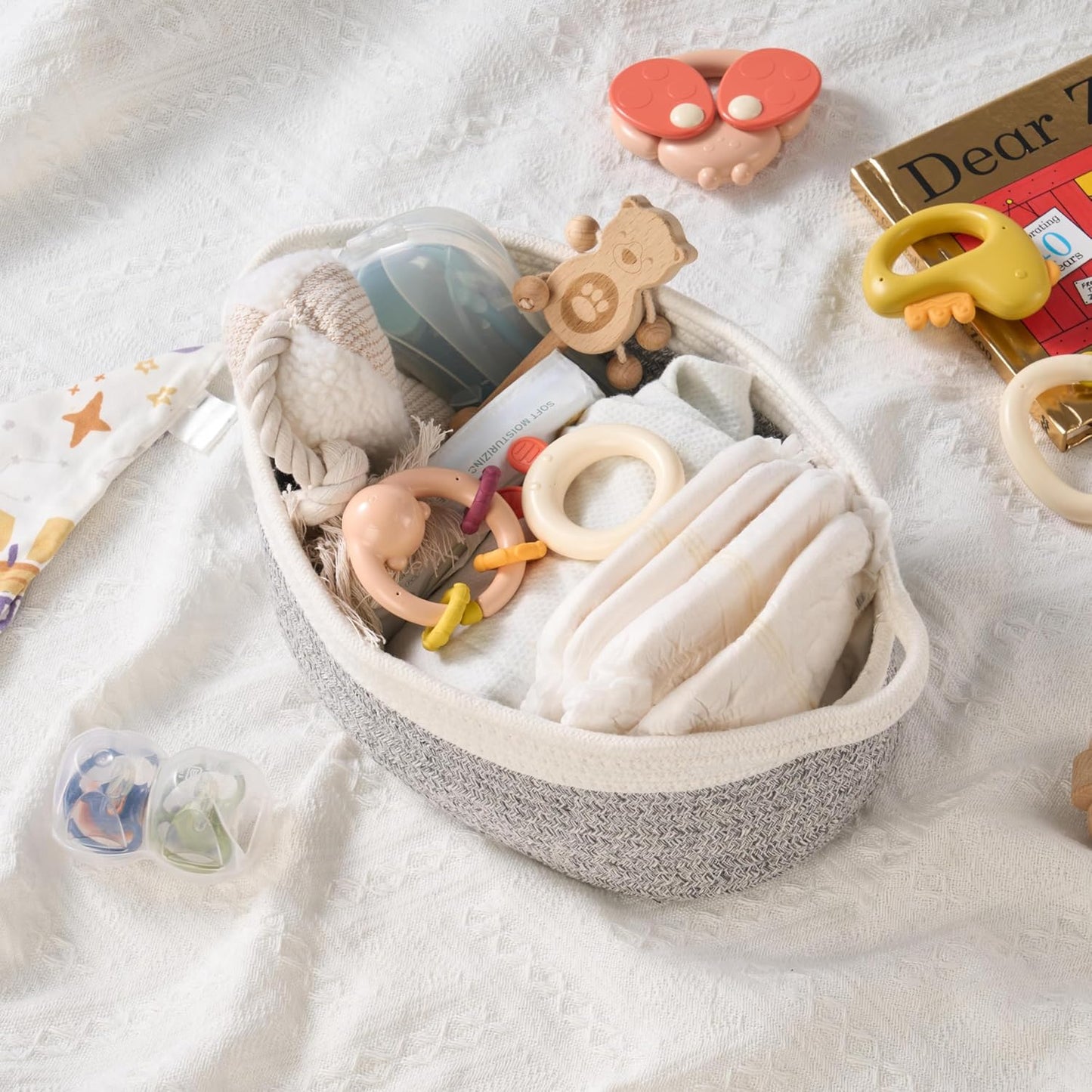 Small Woven Gift Basket Empty with Bag & Ribbon - Gifts for Mom, Baby Shower, Birthdays & Raffle - Cotton Rope Storage Basket for Dog Toys or Shelf - 12"x8"x5", White