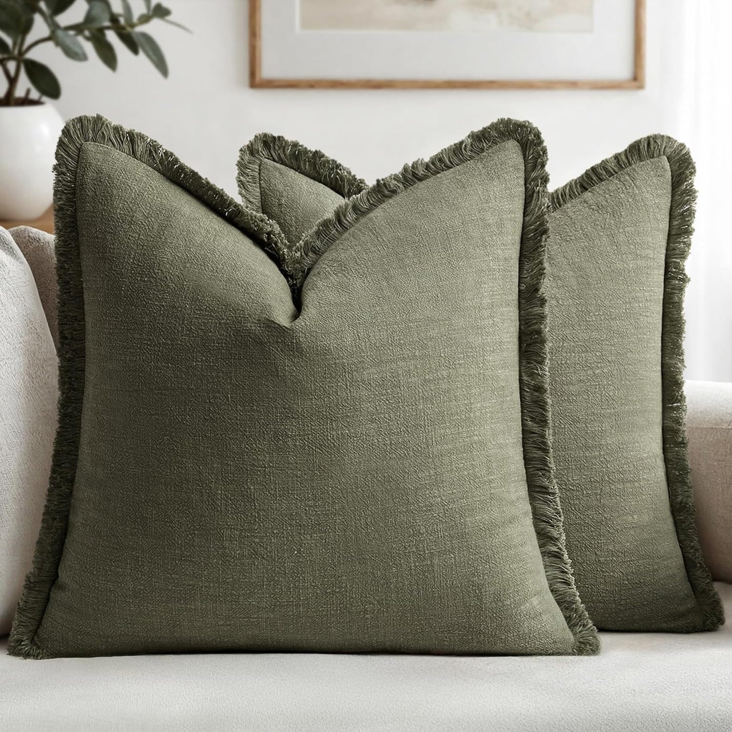 MIULEE Decorative Throw Pillow Covers Neutral Linen Fringe Throw Pillows Set of 2 Natural Beige Boho Farmhouse Cushion Covers with Tassels for Couch Sofa Bed Spring Home Decor 20x20 Inch