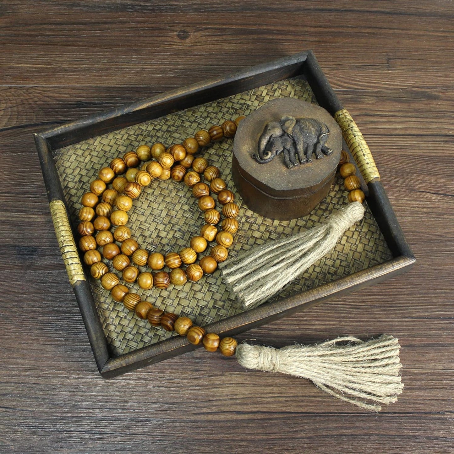 CVHOMEDECO. Wood Beads Garland with Tassels Farmhouse Rustic Wooden Prayer Bead String Wall Hanging Accent for Home Festival Decor. Mix Distressed