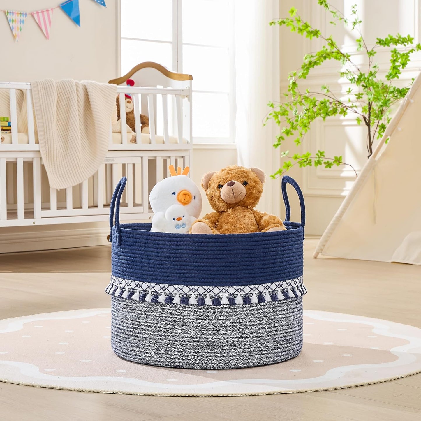 KAKAMAY Large Blanket Basket (20"x13"),Woven Baskets for storage Baby Laundry Hamper, Cotton Rope Blanket Basket for Living Room, Laundry, Nursery, Pillows, Baby Toy chest (White/Brown)