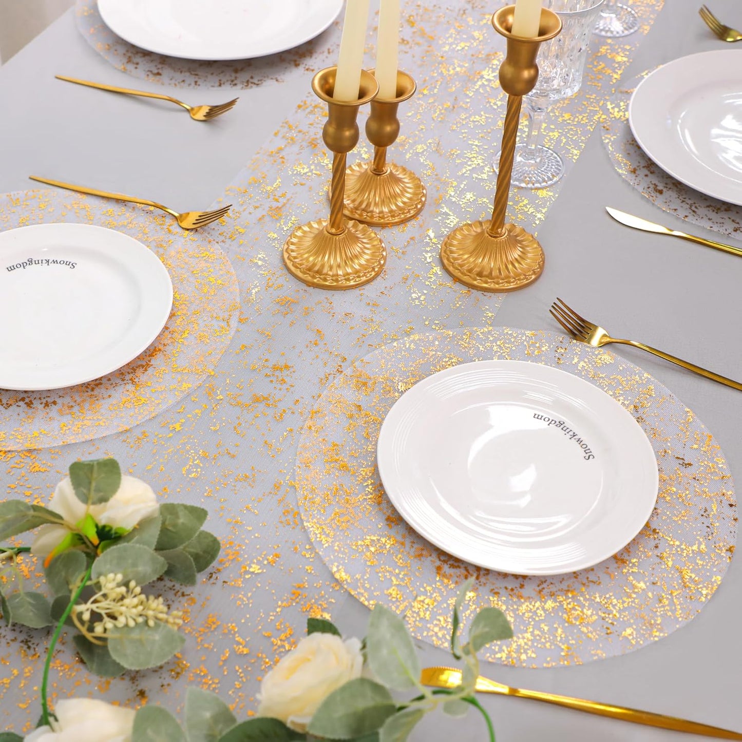 Snowkingdom 2 Pieces Gold Table Runner, Sequin Glitter Foil Metallic Thin Mesh Runner Roll 11"x108", Gold Table Decorations for Event Party, Wedding, Birthday Party, Christmas