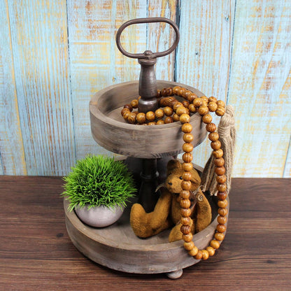 CVHOMEDECO. Wood Beads Garland with Tassels Farmhouse Rustic Wooden Prayer Bead String Wall Hanging Accent for Home Festival Decor. Mix Distressed