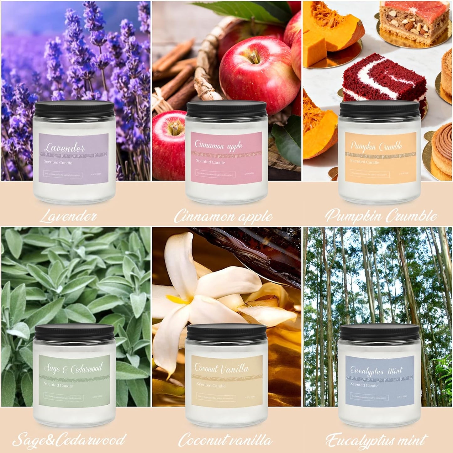 6 Pack Scented Candles Gift Set, Long Lasting Aromatherapy Candles for Home, 37.8 oz 300 Hour Burn, Lavender Jasmine Vanilla Sage Sandalwood Rose Eucalyptus Mint, Gifts for Women