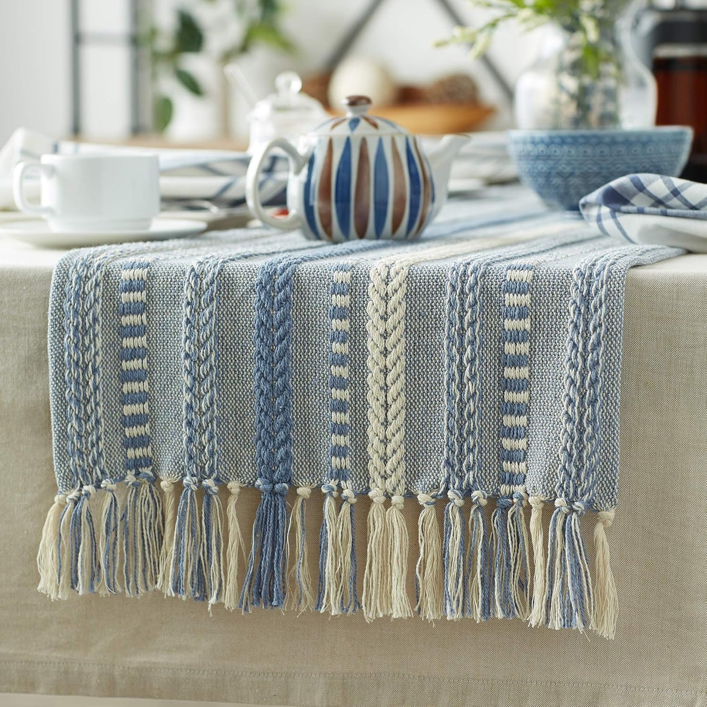 DII Farmhouse Braided Stripe Table Runner Collection, 15x72 (15x77, Fringe Included), Black