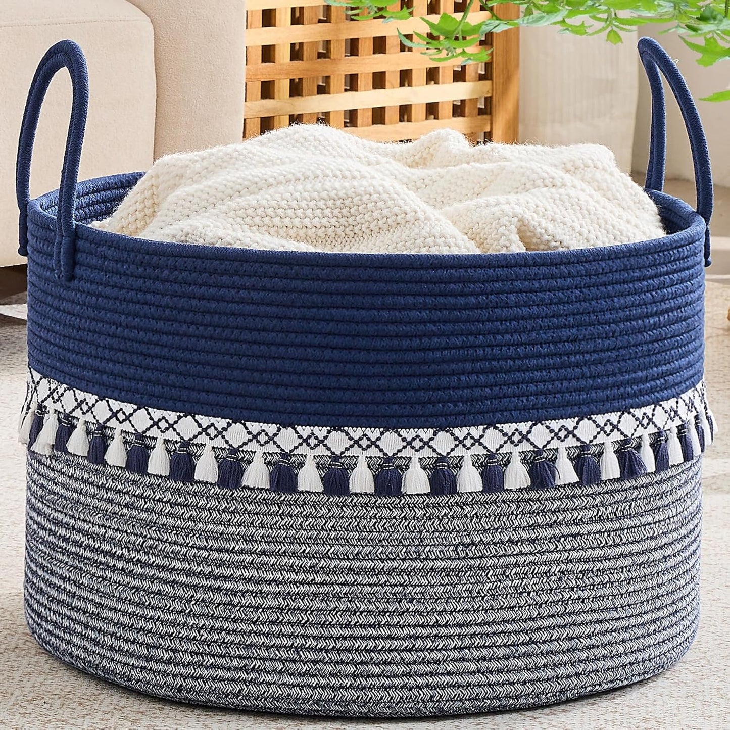 KAKAMAY Large Blanket Basket (20"x13"),Woven Baskets for storage Baby Laundry Hamper, Cotton Rope Blanket Basket for Living Room, Laundry, Nursery, Pillows, Baby Toy chest (White/Brown)