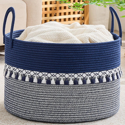 KAKAMAY Large Blanket Basket (20"x13"),Woven Baskets for storage Baby Laundry Hamper, Cotton Rope Blanket Basket for Living Room, Laundry, Nursery, Pillows, Baby Toy chest (White/Brown)