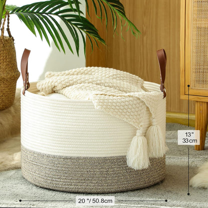 KAKAMAY Large Blanket Basket (20"x13"),Woven Baskets for storage Baby Laundry Hamper, Cotton Rope Blanket Basket for Living Room, Laundry, Nursery, Pillows, Baby Toy chest (White/Brown)