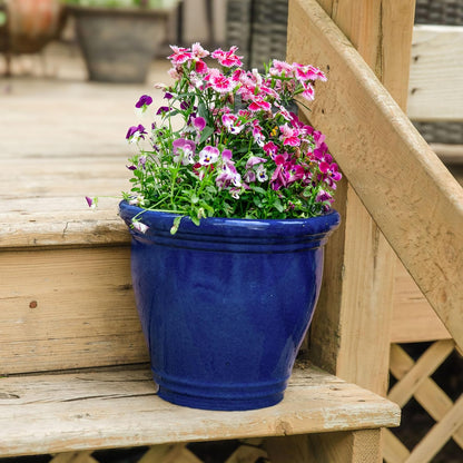 Sunnydaze Large Ceramic Plant Pot - Round Outdoor Glazed Ceramic Planter Pot with Drainage - Studio - Imperial Blue - 18.5"