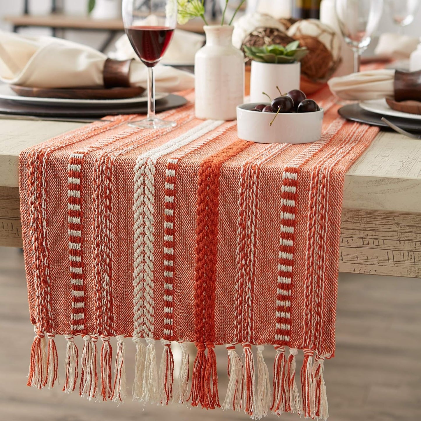 DII Farmhouse Braided Stripe Table Runner Collection, 15x72 (15x77, Fringe Included), Black