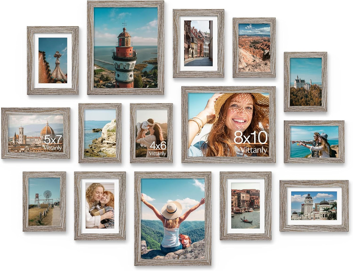 Vittanly 15 Pack Picture Frames Collage Wall Decor for Mounting or Tabletop Display, Gallery Frame Set for Family, Multi Sizes Including 3pcs 8x10, 6pcs 5x7, 6pcs 4x6, Black