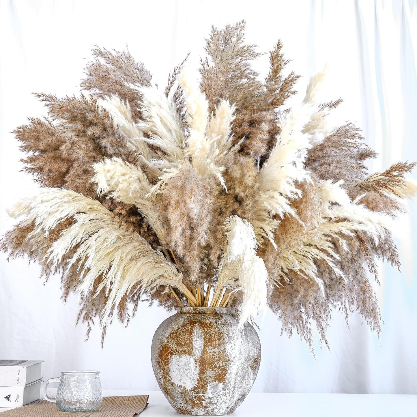 Pampas Grass Decor, Natural Dry Pampas Grass Small, Short Pampass Bulk for Farmhouse, Wall, Kitchen, Bedroom Decor, Office Decor (17 inch )