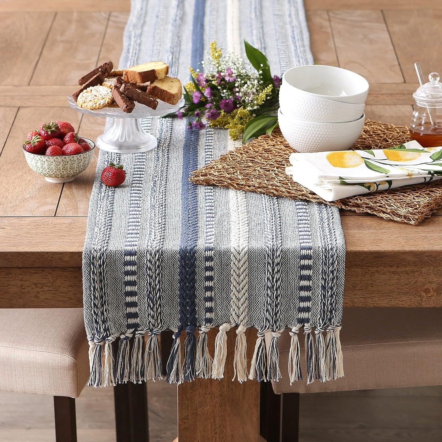 DII Farmhouse Braided Stripe Table Runner Collection, 15x72 (15x77, Fringe Included), Black