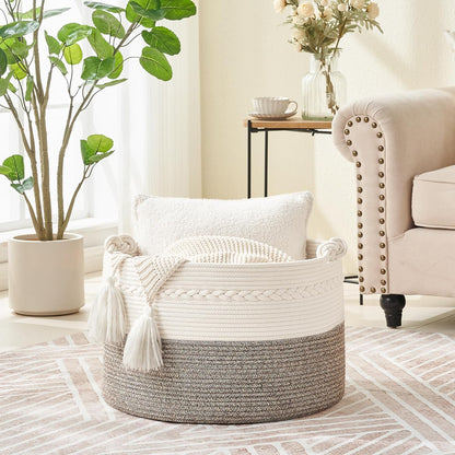 KAKAMAY Large Blanket Basket (20"x13"),Woven Baskets for storage Baby Laundry Hamper, Cotton Rope Blanket Basket for Living Room, Laundry, Nursery, Pillows, Baby Toy chest (White/Brown)