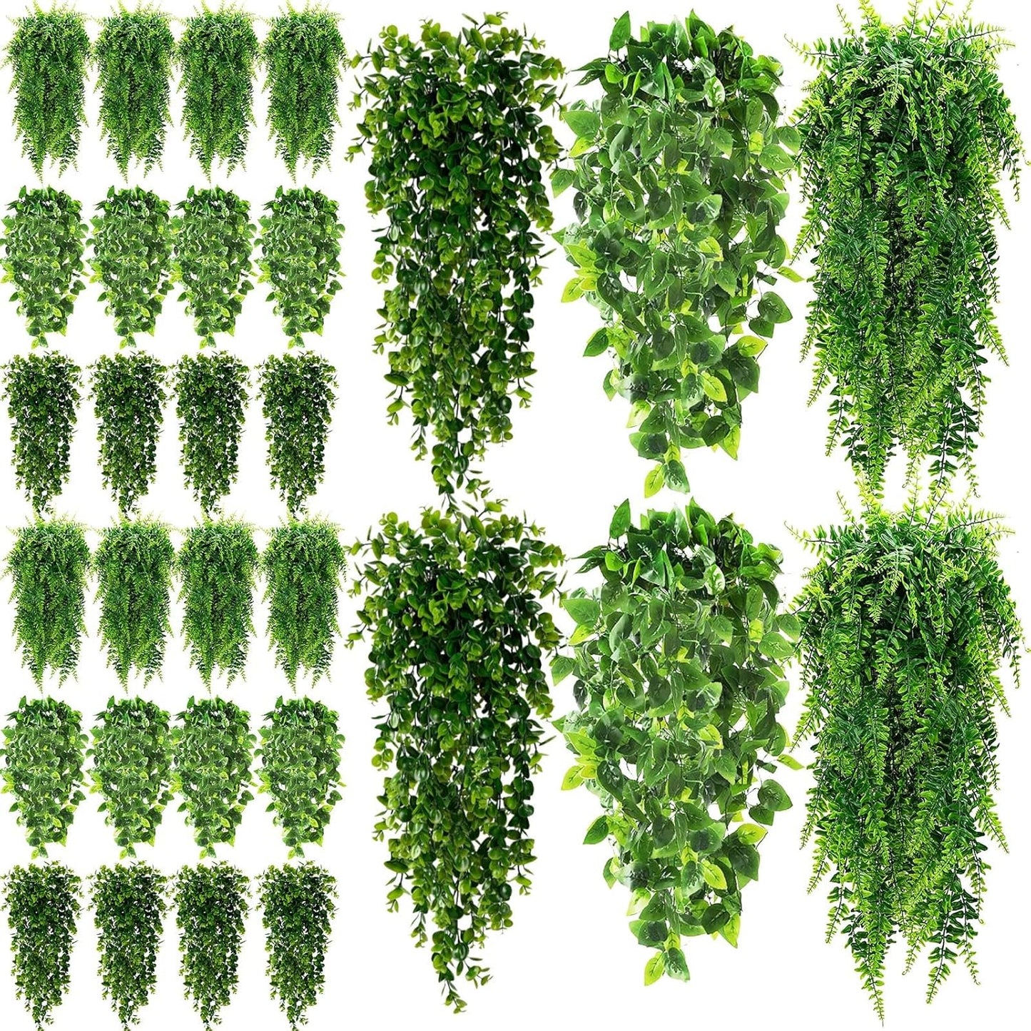 XunYee 28 Pcs Artificial Hanging Plants 32 Inch Plastic Fern Vine Fake Greenery Plant Faux Eucalyptus Vine for Wall Room Wedding Indoor Outdoor Decor, No Baskets (Boston Fern)