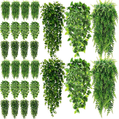 XunYee 28 Pcs Artificial Hanging Plants 32 Inch Plastic Fern Vine Fake Greenery Plant Faux Eucalyptus Vine for Wall Room Wedding Indoor Outdoor Decor, No Baskets (Boston Fern)