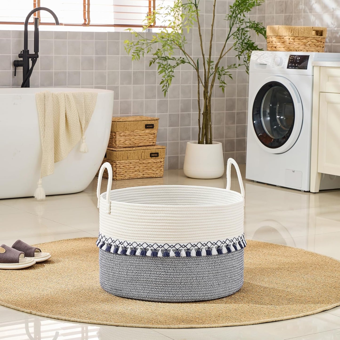 KAKAMAY Large Blanket Basket (20"x13"),Woven Baskets for storage Baby Laundry Hamper, Cotton Rope Blanket Basket for Living Room, Laundry, Nursery, Pillows, Baby Toy chest (White/Brown)