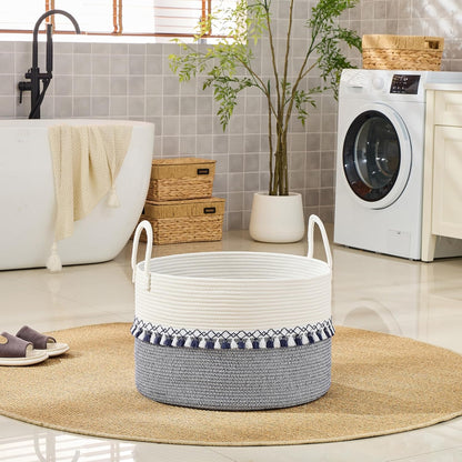 KAKAMAY Large Blanket Basket (20"x13"),Woven Baskets for storage Baby Laundry Hamper, Cotton Rope Blanket Basket for Living Room, Laundry, Nursery, Pillows, Baby Toy chest (White/Brown)