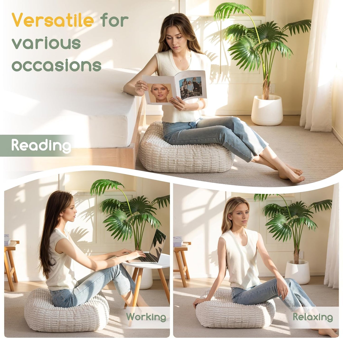 HIGOGOGO Floor Pillow Cushion for Adults, Meditation Cushion Pillow, Blended Corduroy Cover, Large Square Floor Sitting for Tatami Living Room or Yoga, 22x22 Inch, Beige
